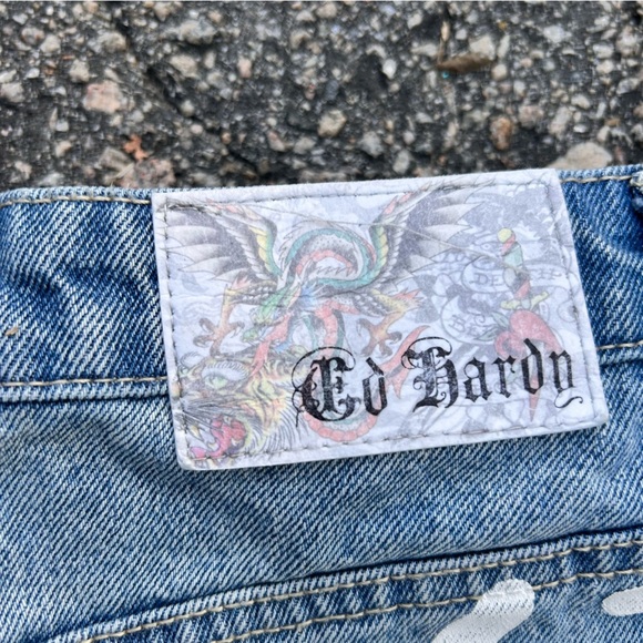 Ed Hardy micro mini jeans cutoff skirt Heats wing skulls Y2K - Picture 6 of 7